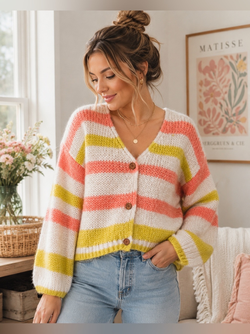 Lush Coral Chartreuse Stripe Chunky Knit Cropped Cardigan Sweater Medium Boho
